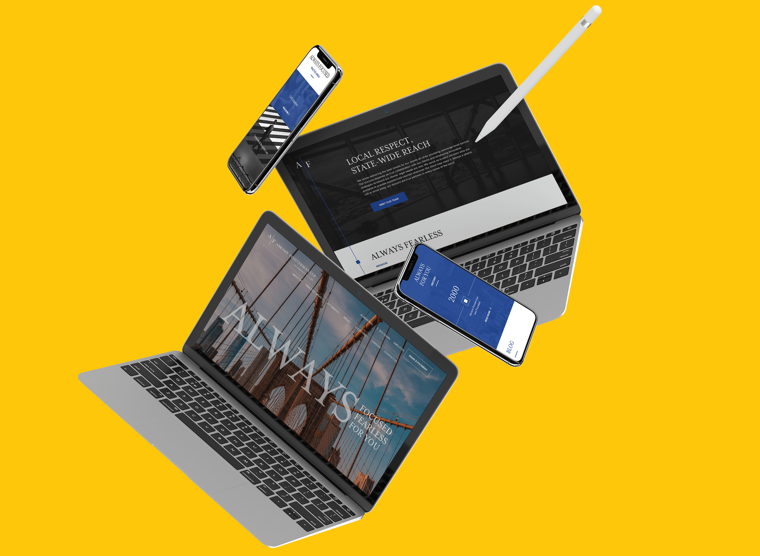 Three laptops and two smartphones float against a bright yellow background, displaying various website homepages and a stylus pen resting on one of the laptop screens.