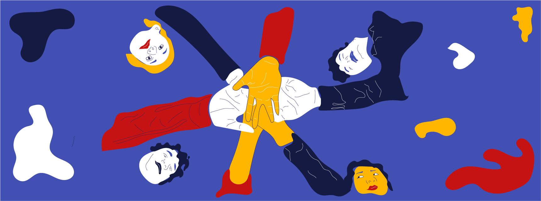 Illustration of five diverse people lying in a circle, each extending a hand to the center to form a star shape—a creative representation of collaboration, inspired by Best Practices for Marketing Your All. Blue background with abstract colorful shapes.