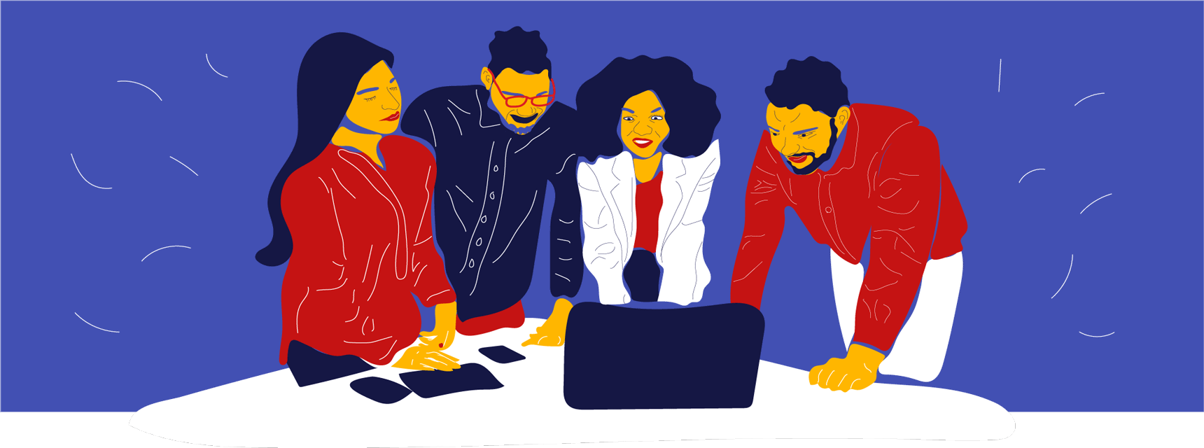 An illustration of four people standing around a table, looking at a laptop. They appear to be collaborating on How to Build a Legal Marketing Team. The background is blue, with red, white, and yellow accents in their clothing.