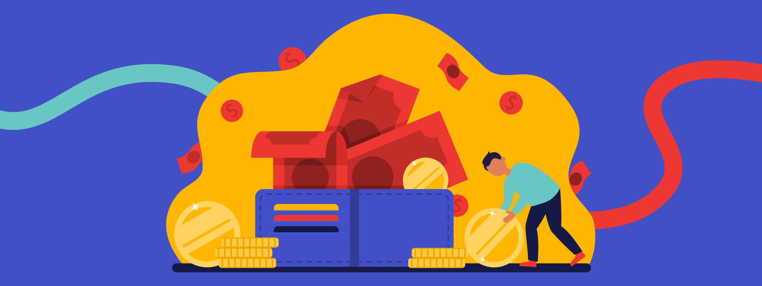 Illustration of a person rolling a large coin toward an oversized wallet, surrounded by stacks of coins, banknotes, and a house, symbolizing saving money and managing Legal SEO Costs effectively.