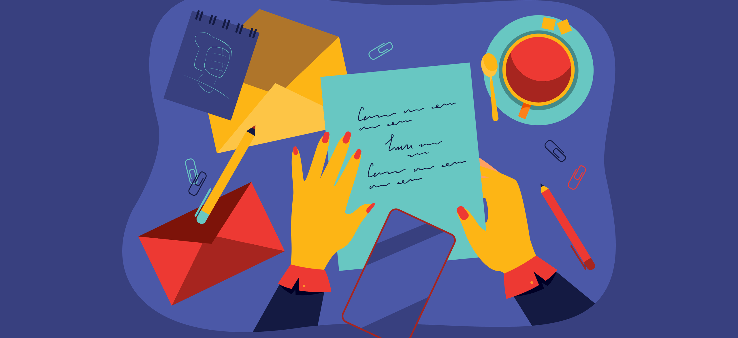 person making notes on a blue paper