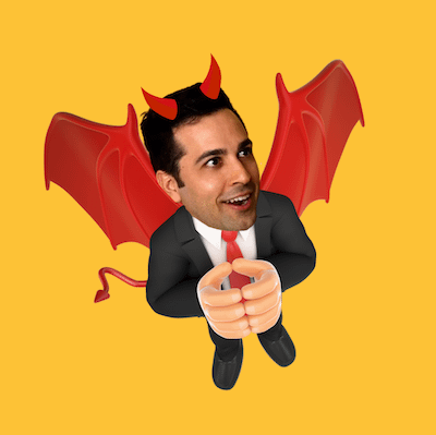 Andrew in a suit with a large, smiling face is edited to have cartoonish red devil horns, wings, and a tail, standing against a yellow background.
