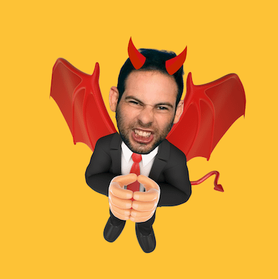 Cartoon image of bobby in a suit with red devil horns, wings, and a tail, making a fierce face and holding his fists together against a yellow background.