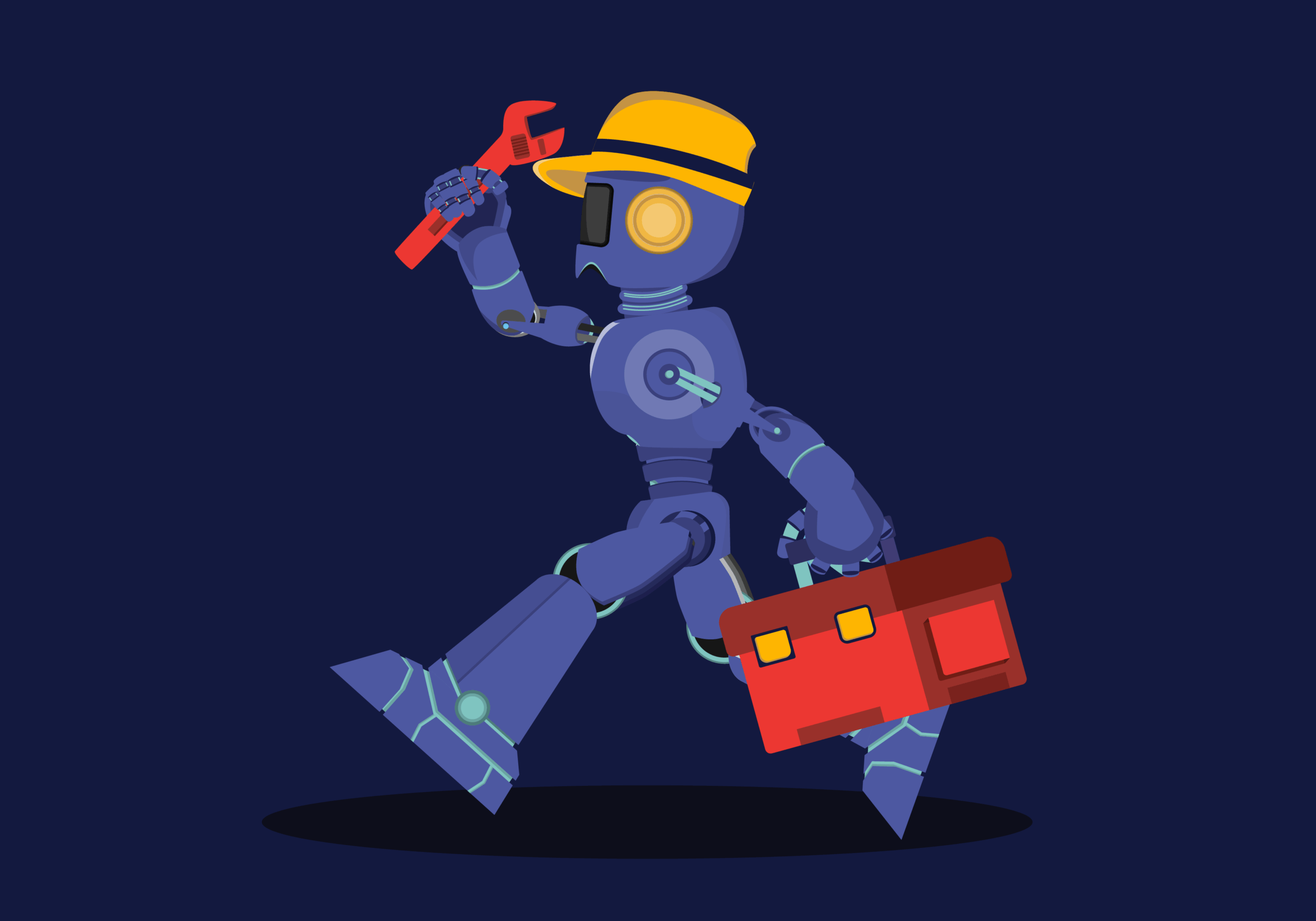 A blue robot wearing a yellow hat walks while holding a red wrench in one hand and a red toolbox in the other against a dark blue background.