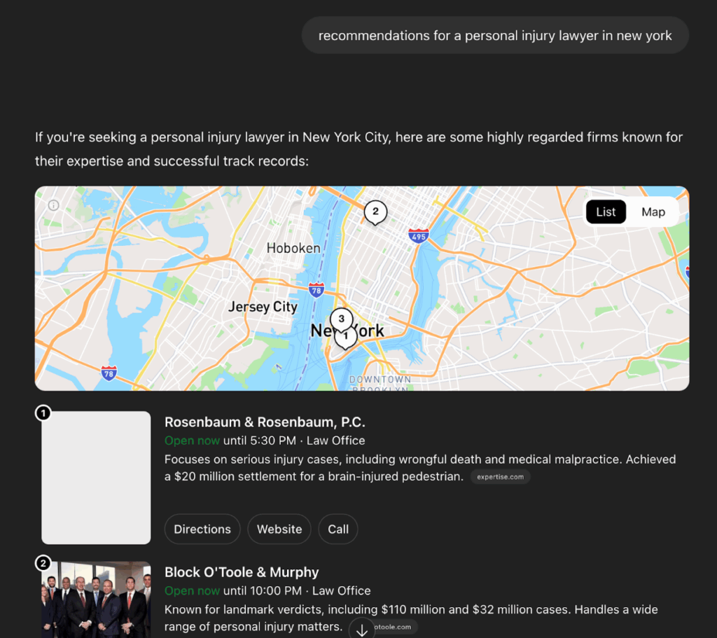 Screenshot of search results for personal injury lawyers in New York City, showing a map with location pins and listings for Rosenbaum & Rosenbaum, P.C., and Block O’Toole & Murphy, including brief descriptions and law office hours.