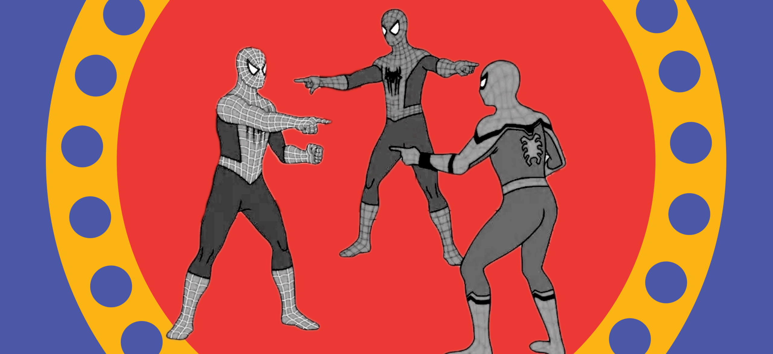 Three Spider-Man characters in costume stand in a triangle, each pointing at the others in surprise, against a red background with a yellow and blue border.