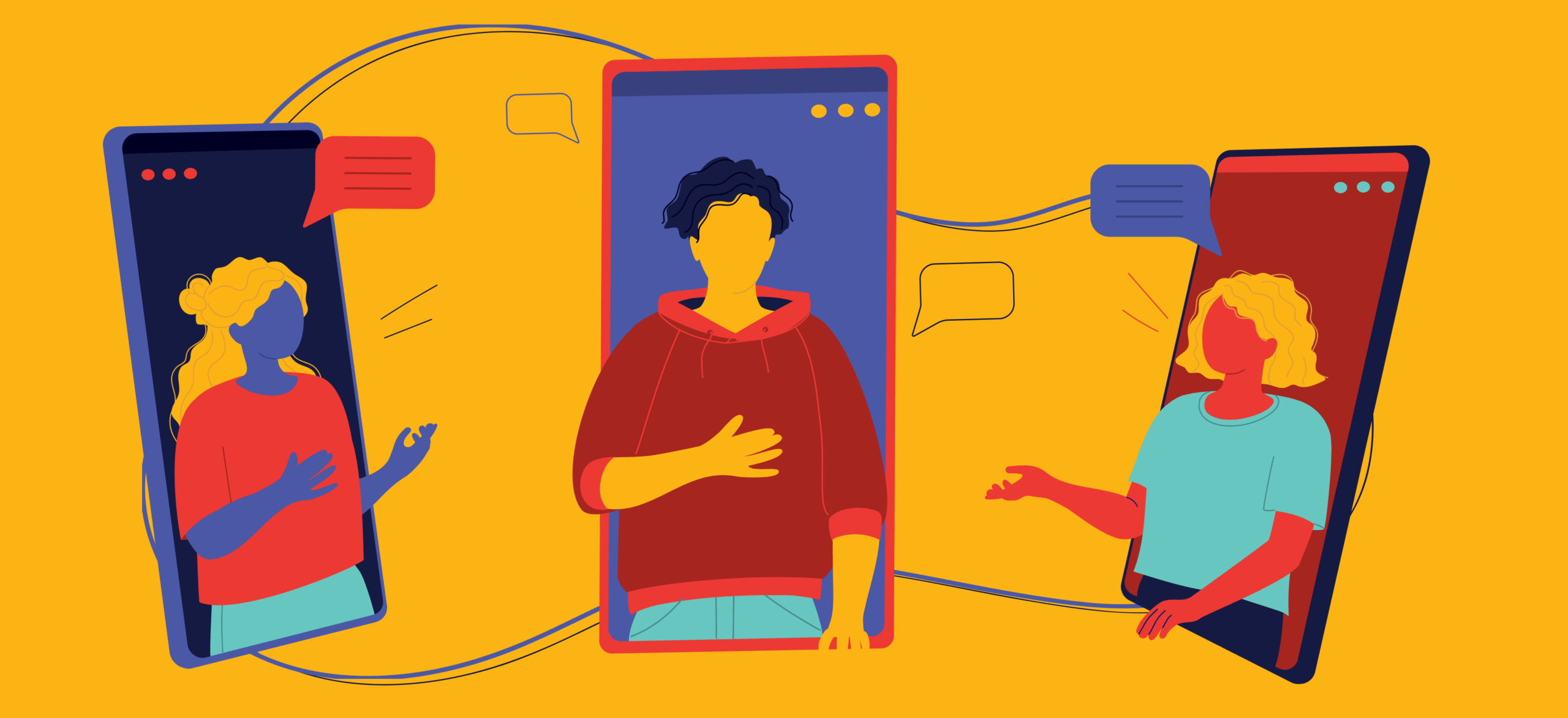 Illustration of three people communicating through smartphones, with their upper bodies emerging from the screens and speech bubbles around them, on a bright yellow background.
